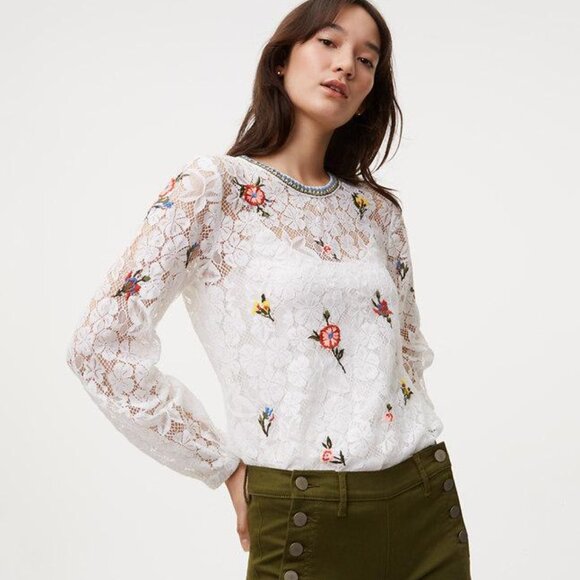 Loft White Floral Design Lace Blouse XXS - Picture 1 of 5